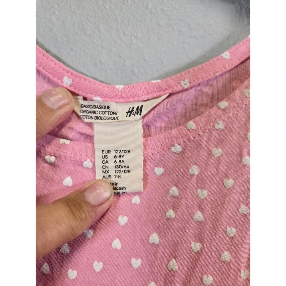 H&M Heart Print Pink Sleeveless Drop Waist Ruffle Organic Cotton Dress 6-8Y